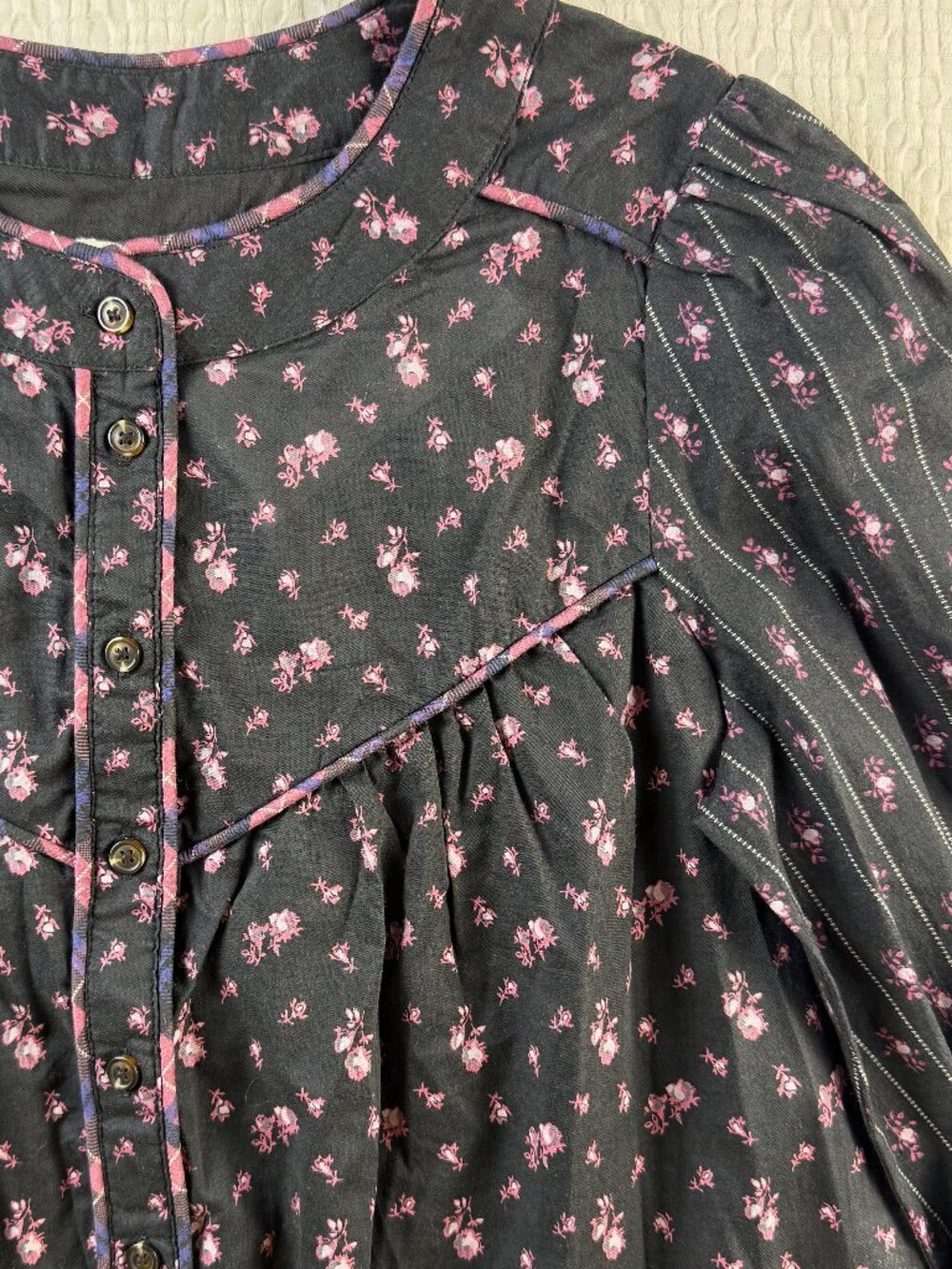 Sézane Milou Blouse Black Pink Floral Patchwork Size 36 US 4